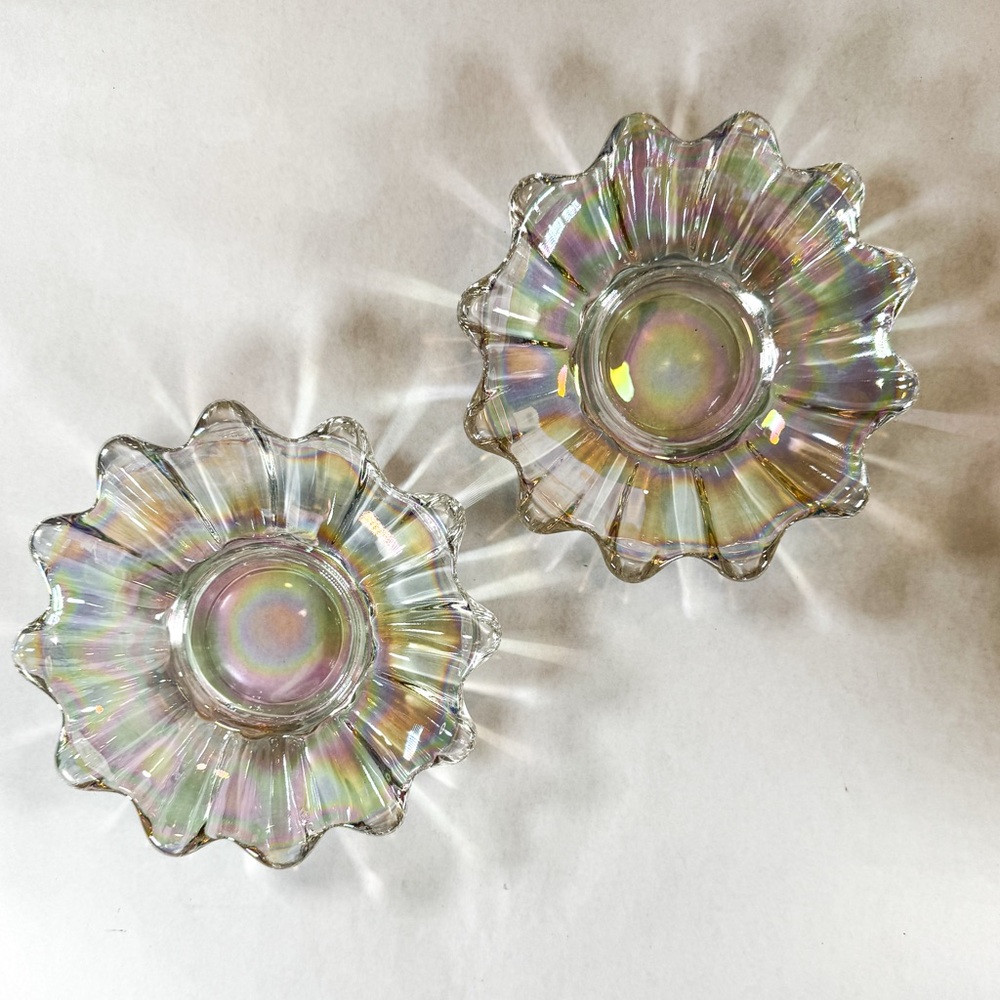 Vintage Iridescent Carnival Glass Daisy Flower Bowls Set of 2 ✨ Scalloped Edge